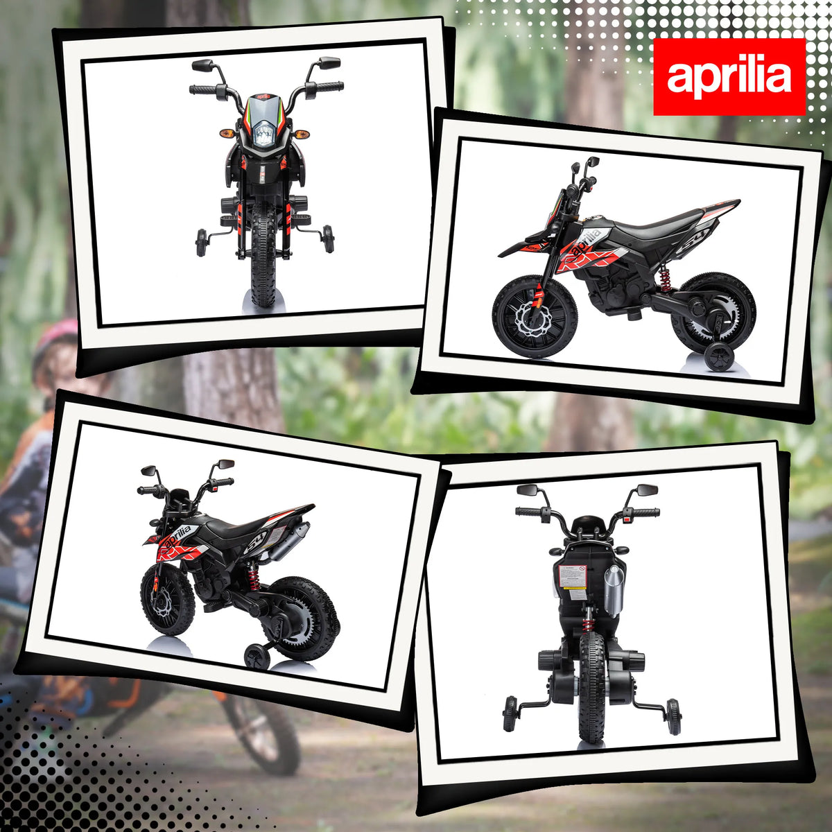Vaikiškas elektrinis motociklas, 12 V, 2 varikliai, su atraminiais ratukais