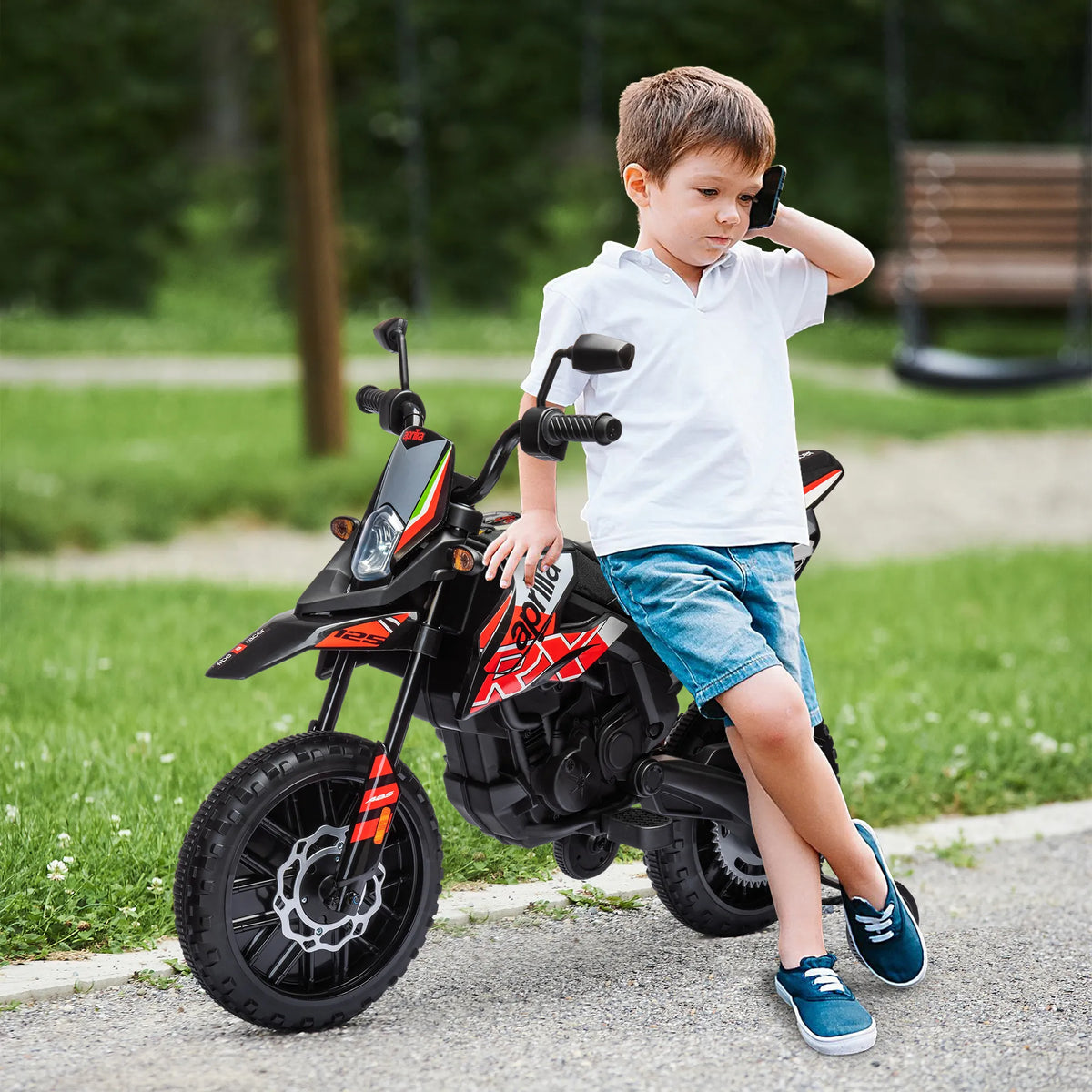 Vaikiškas elektrinis motociklas, 12 V, 2 varikliai, su atraminiais ratukais