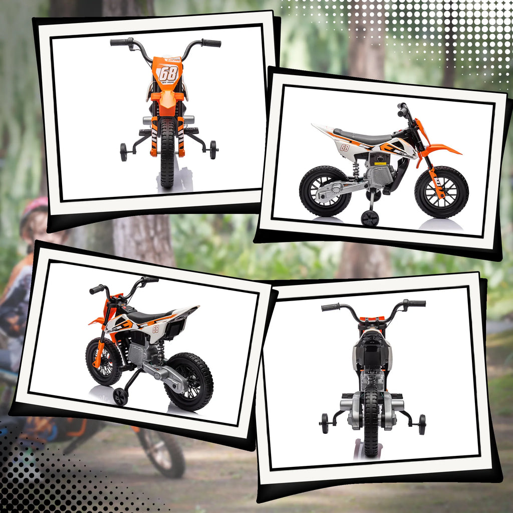 Vaikiškas elektrinis motociklas 12V su muzika ir pagalbiniais ratukais, 3–6 metų vaikams, oranžinis