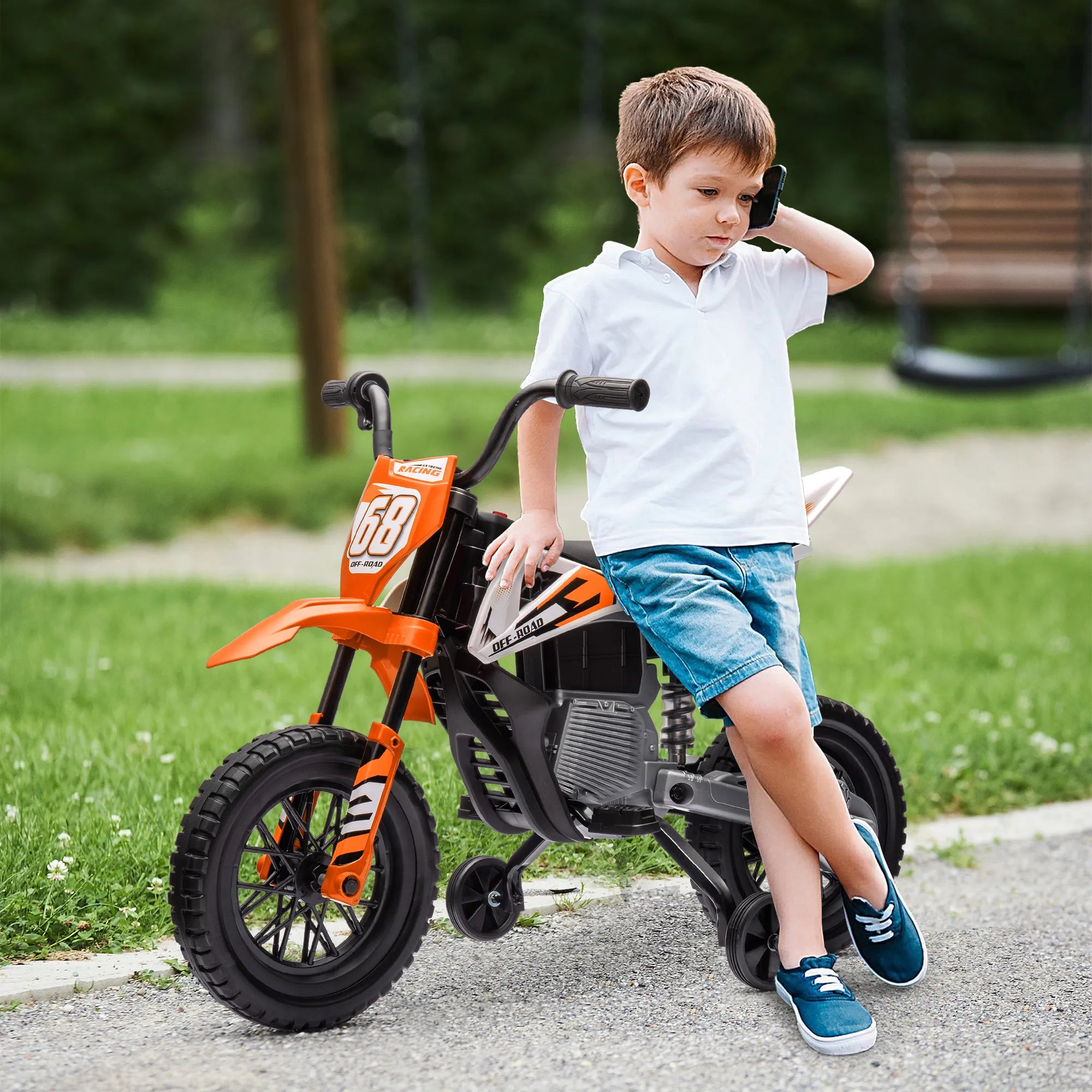 Vaikiškas elektrinis motociklas 12V su muzika ir pagalbiniais ratukais, 3–6 metų vaikams, oranžinis
