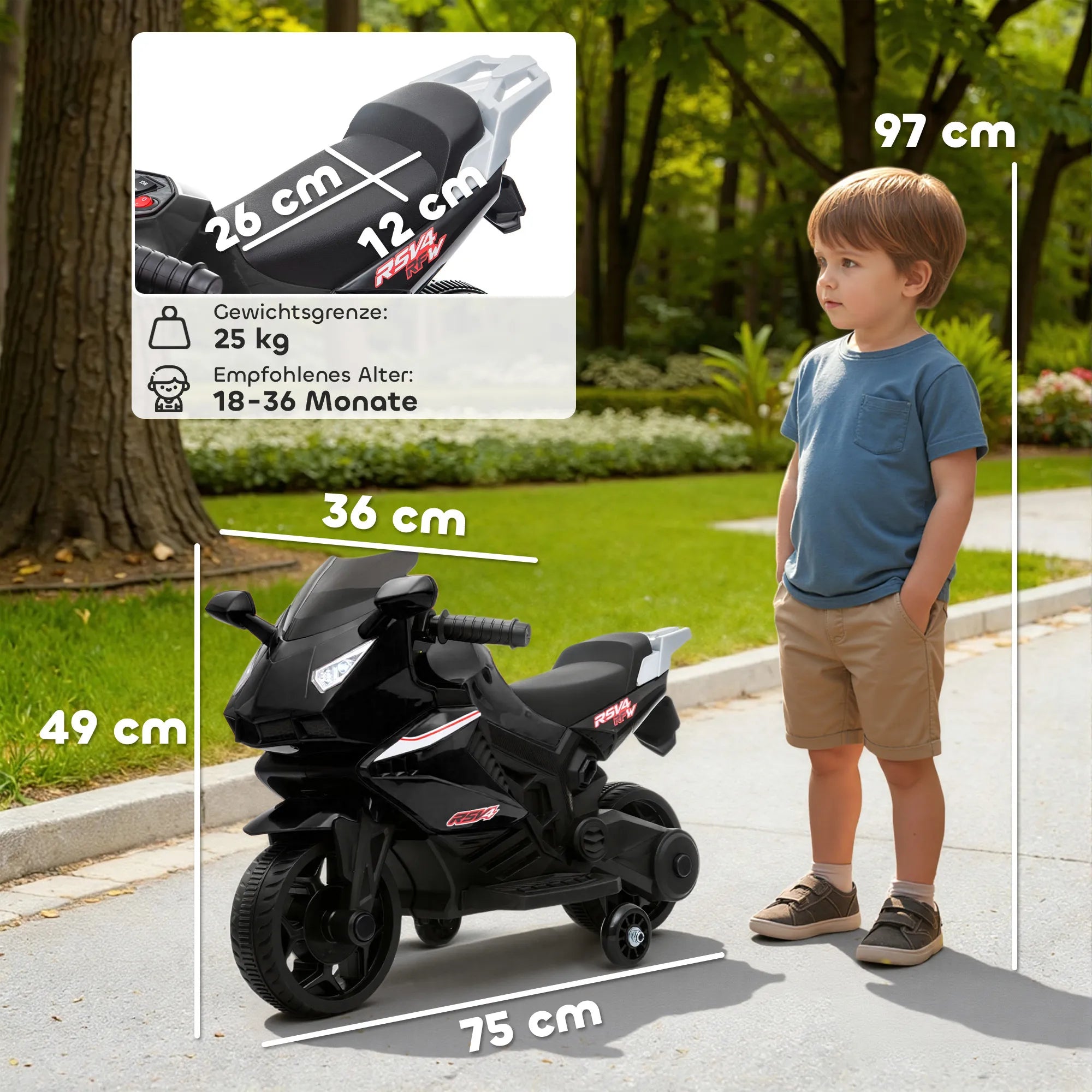 Vaikiškas elektrinis motociklas, 18–36 mėn. vaikams, juodas