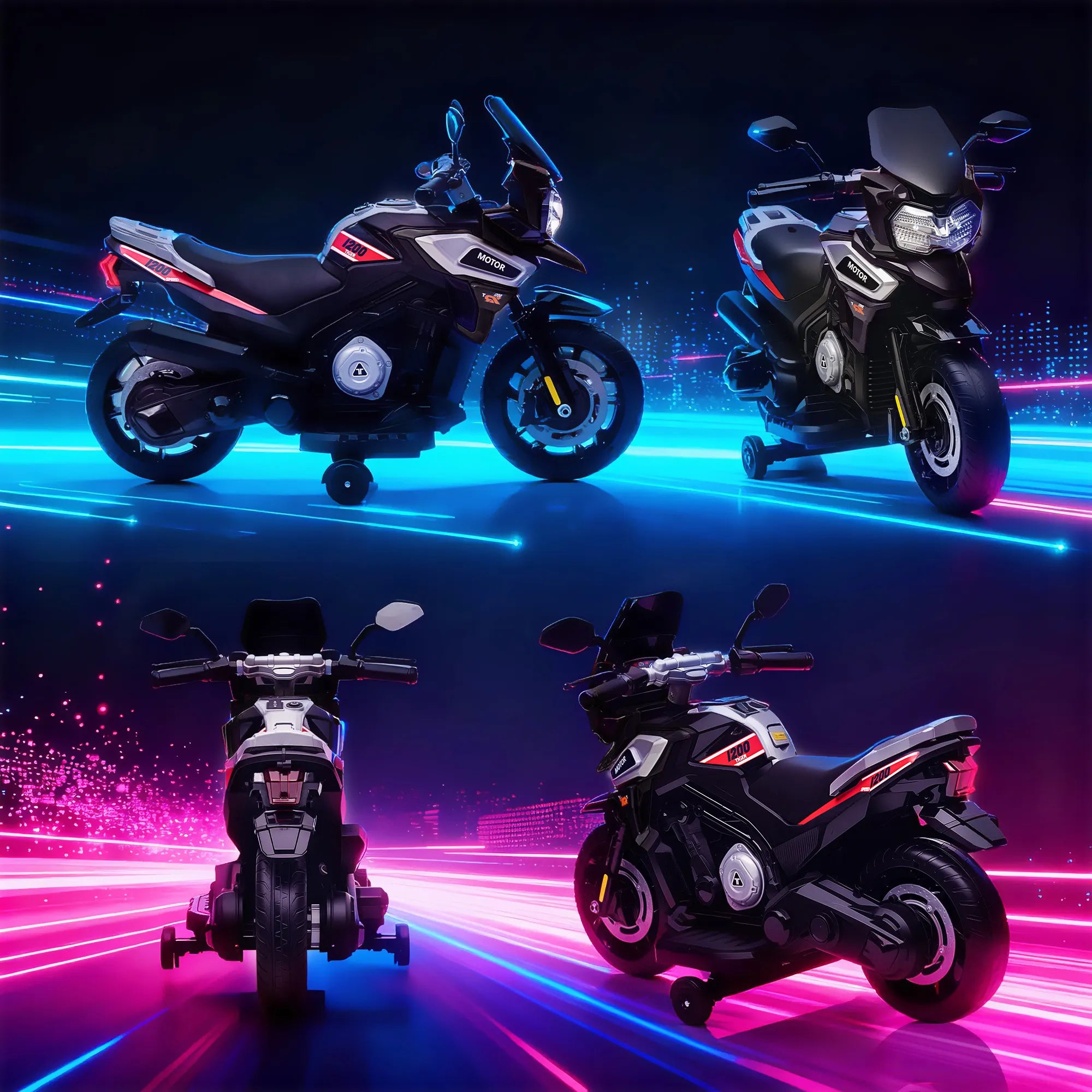 Vaikiškas elektrinis motociklas, 18–36 mėn. vaikams, su pagalbiniais ratukais, juodas
