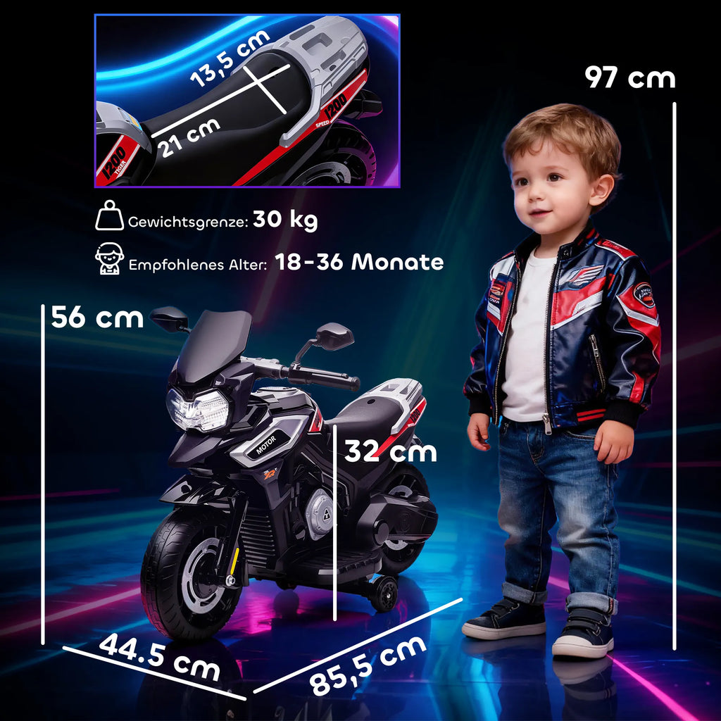 Vaikiškas elektrinis motociklas, 18–36 mėn. vaikams, su pagalbiniais ratukais, juodas