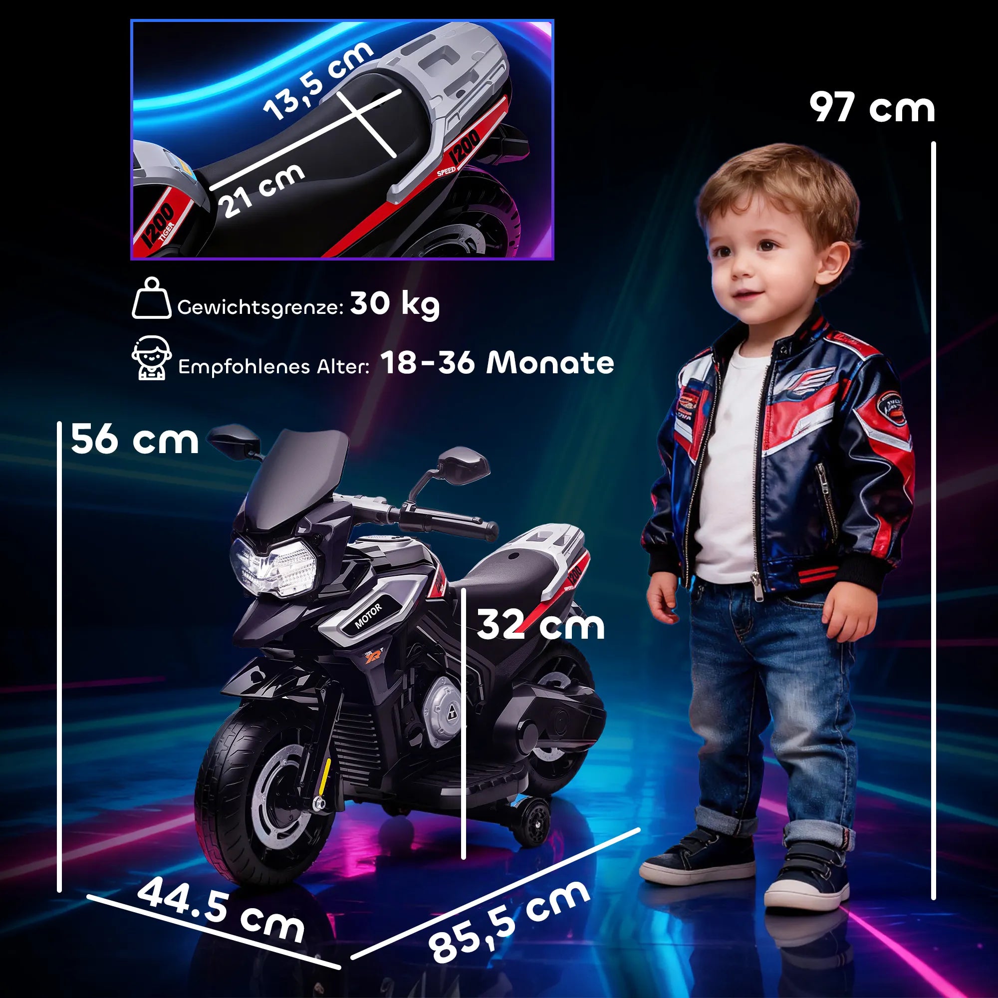 Vaikiškas elektrinis motociklas, 18–36 mėn. vaikams, su pagalbiniais ratukais, juodas
