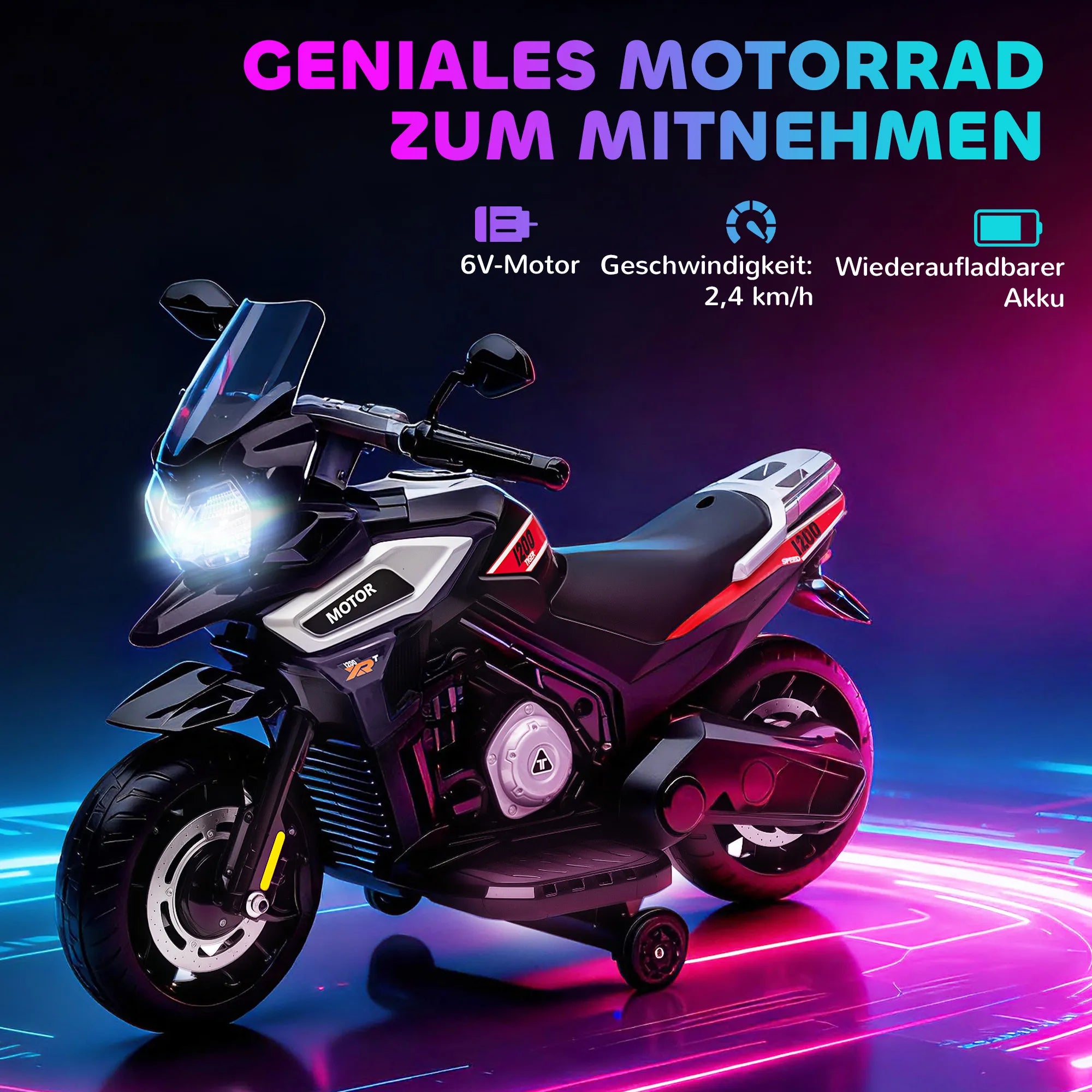 Vaikiškas elektrinis motociklas, 18–36 mėn. vaikams, su pagalbiniais ratukais, juodas