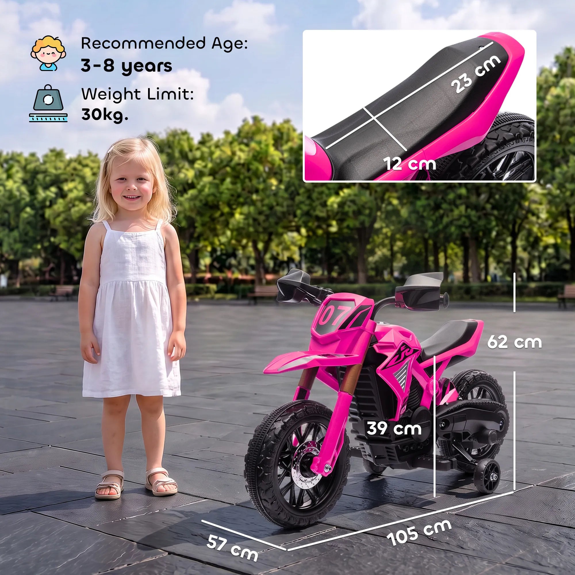 Vaikiškas elektrinis motociklas, 3–8 metų vaikams, iki 30 kg, rožinis