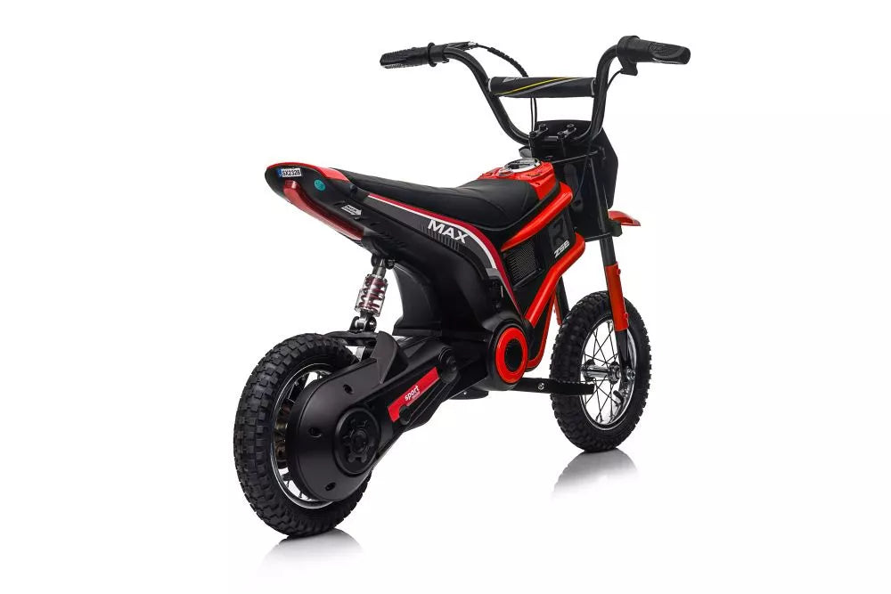Vaikiško elektrinio motociklo vaizdas iš priekio, pasuktas vairas