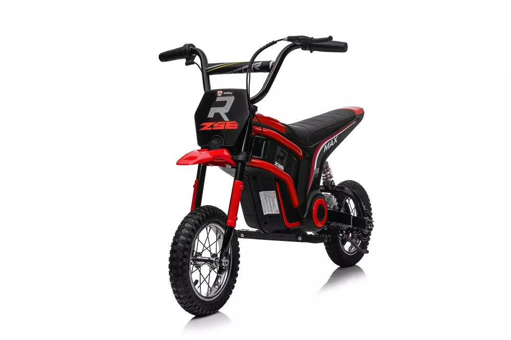 Vaikiškas elektrinis motociklas iš arčiau įstrižai iš priekio