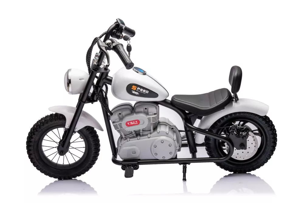 Vaikiškas elektrinis motociklas, 36 V, 350 W, ekologiškos odos sėdynė, pripučiami ratai, baltas