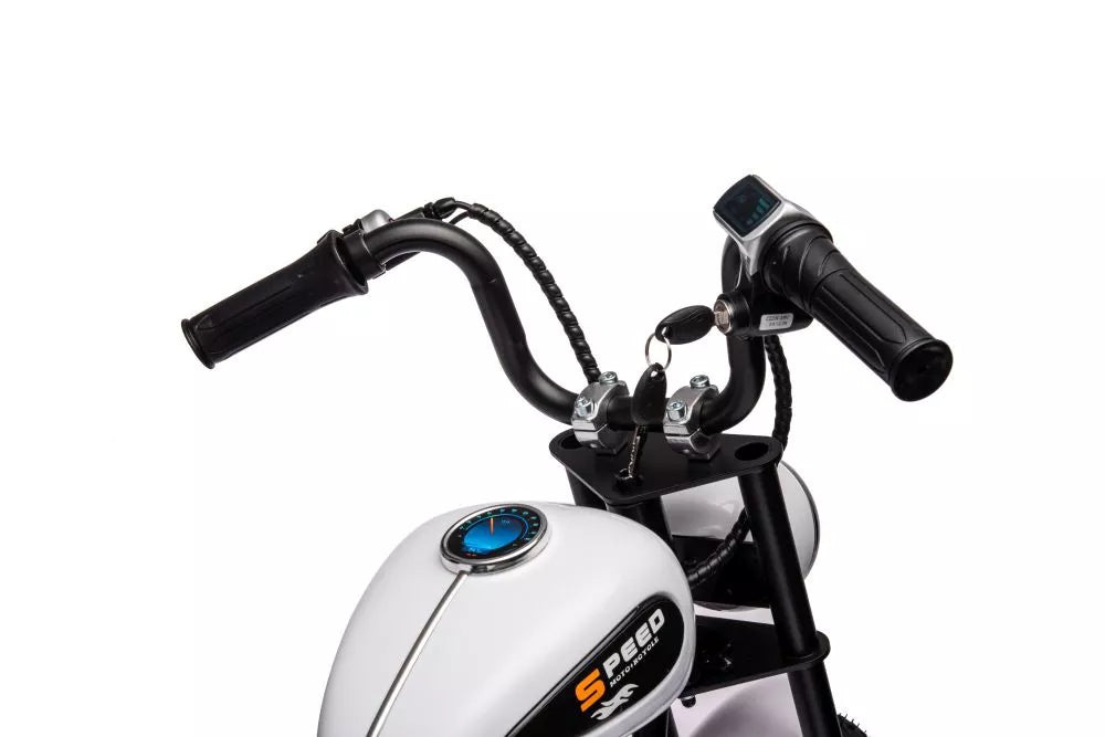 Vaikiškas elektrinis motociklas, 36 V, 350 W, ekologiškos odos sėdynė, pripučiami ratai, baltas