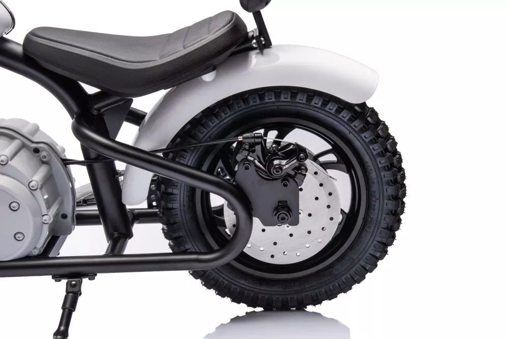 Vaikiškas elektrinis motociklas, 36 V, 350 W, ekologiškos odos sėdynė, pripučiami ratai, baltas