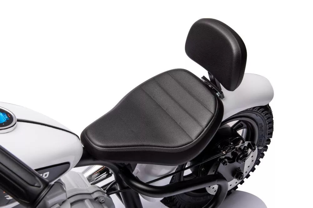 Vaikiškas elektrinis motociklas, 36 V, 350 W, ekologiškos odos sėdynė, pripučiami ratai, baltas