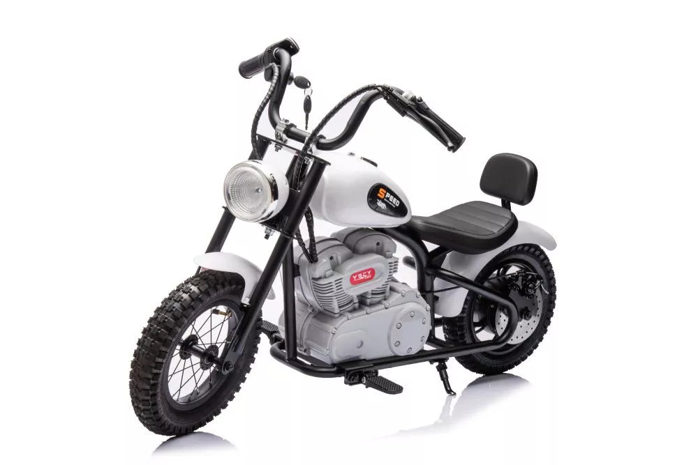 Vaikiškas elektrinis motociklas, 36 V, 350 W, ekologiškos odos sėdynė, pripučiami ratai, baltas