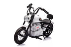 Vaikiškas elektrinis motociklas, 36 V, 350 W, ekologiškos odos sėdynė, pripučiami ratai, baltas