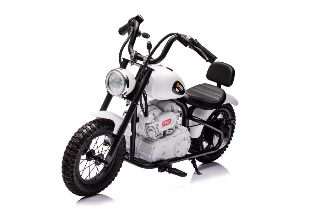 Vaikiškas elektrinis motociklas, 36 V, 350 W, ekologiškos odos sėdynė, pripučiami ratai, baltas