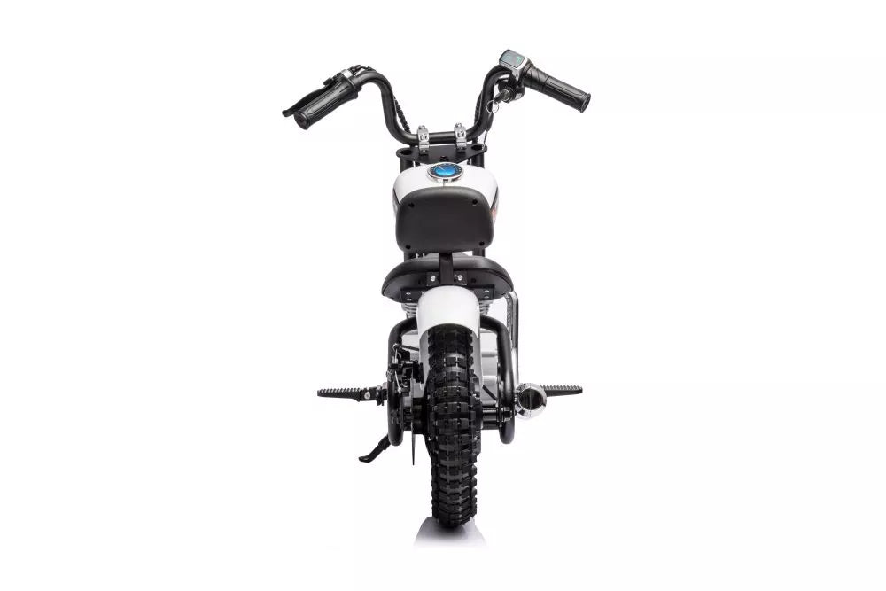 Vaikiškas elektrinis motociklas, 36 V, 350 W, ekologiškos odos sėdynė, pripučiami ratai, baltas
