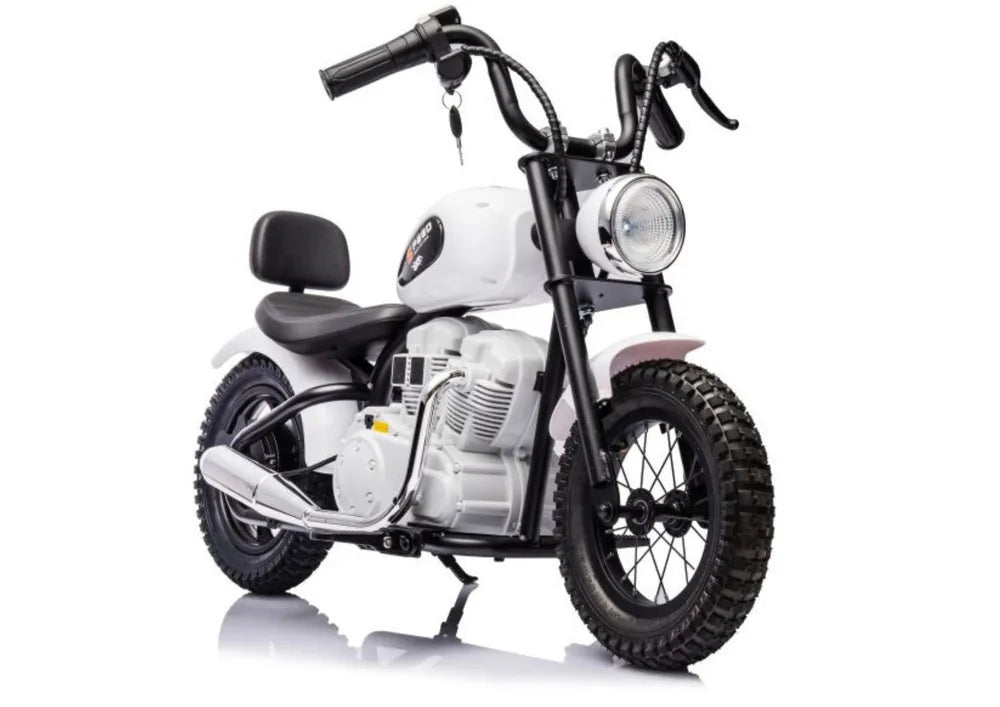 Vaikiškas elektrinis motociklas, 36 V, 350 W, ekologiškos odos sėdynė, pripučiami ratai, baltas