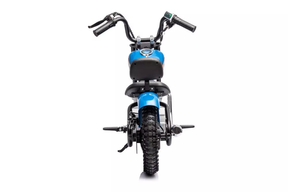 Vaikiškas elektrinis motociklas, 36V, 350W, su pripučiamais ratais, odine sėdyne, mėlynas