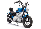 Vaikiškas elektrinis motociklas, 36V, 350W, su pripučiamais ratais, odine sėdyne, mėlynas