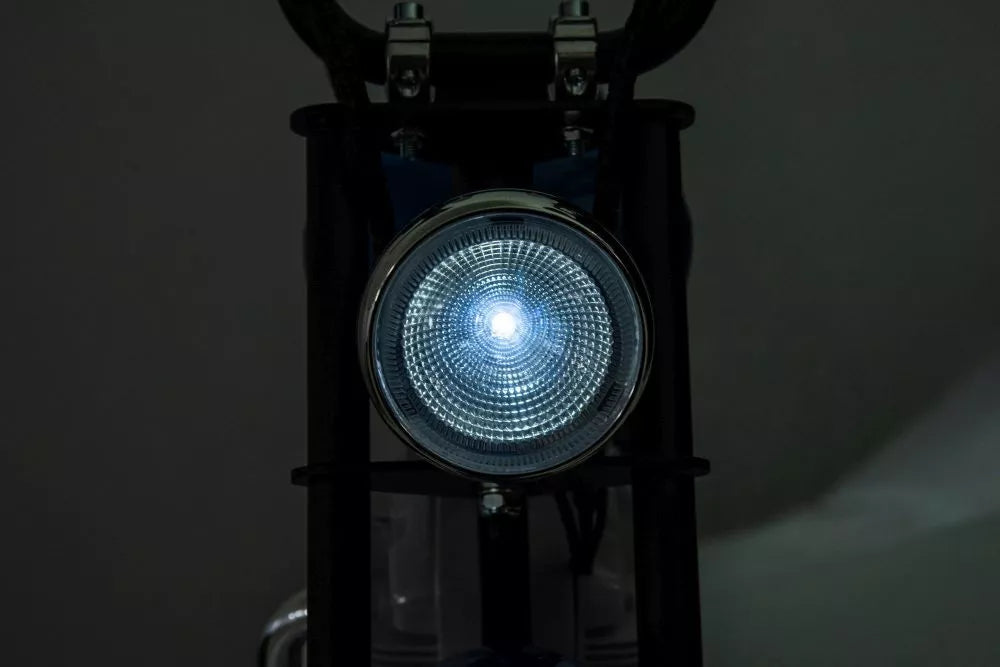 Vaikiškas elektrinis motociklas, 36V, 350W, su pripučiamais ratais, odine sėdyne, mėlynas