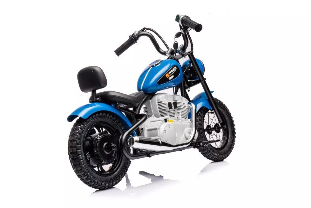 Vaikiškas elektrinis motociklas, 36V, 350W, su pripučiamais ratais, odine sėdyne, mėlynas
