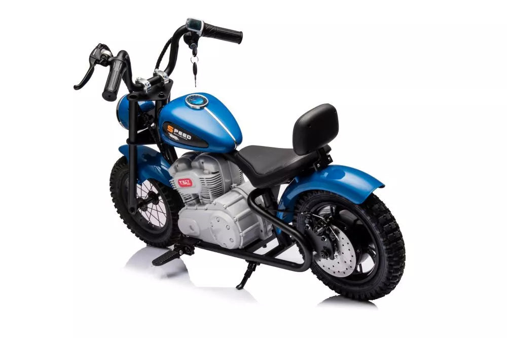Vaikiškas elektrinis motociklas, 36V, 350W, su pripučiamais ratais, odine sėdyne, mėlynas