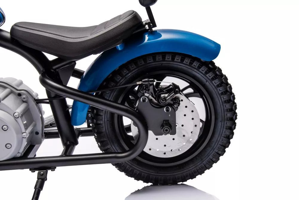 Vaikiškas elektrinis motociklas, 36V, 350W, su pripučiamais ratais, odine sėdyne, mėlynas