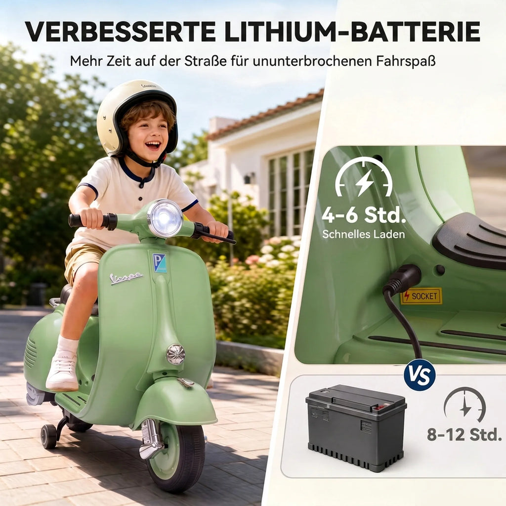 Vaikiškas elektrinis motociklas, 6 V, su pagalbiniais ratukais, žalias