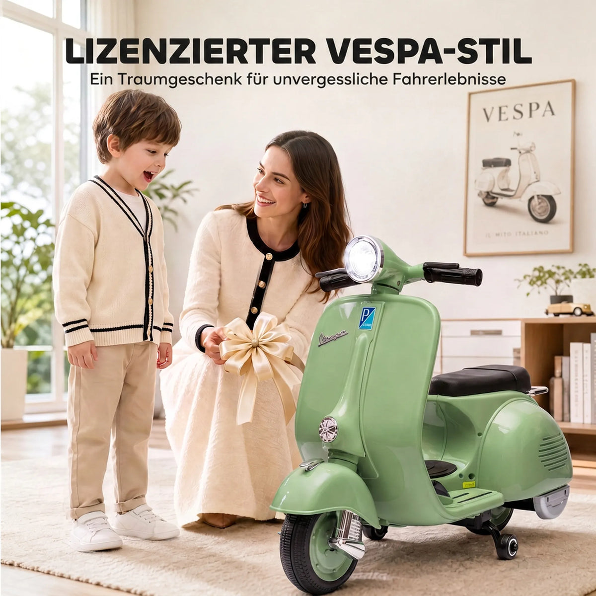 Vaikiškas elektrinis motociklas, 6 V, su pagalbiniais ratukais, žalias