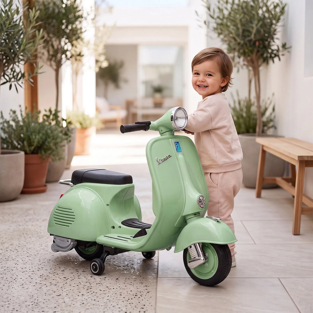 Vaikiškas elektrinis motociklas, 6 V, su pagalbiniais ratukais, žalias
