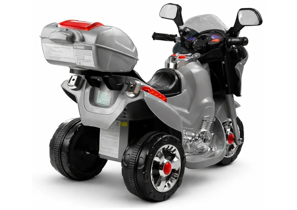 Vaikiškas elektrinis motociklas, 6 V, su priekiniais žibintais, sidabrinis