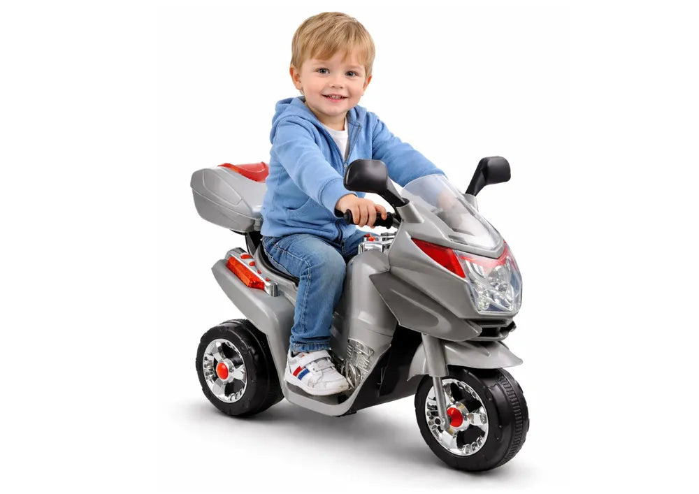 Vaikiškas elektrinis motociklas, 6 V, su priekiniais žibintais, sidabrinis