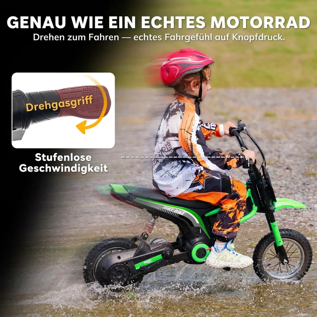 Vaikiškas elektrinis motociklas, 8–12 metų vaikams, iki 65 kg, žalias
