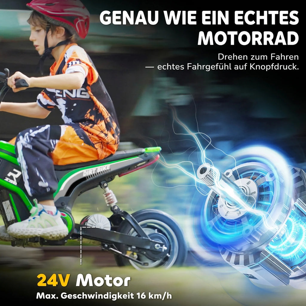 Vaikiškas elektrinis motociklas, 8–12 metų vaikams, iki 65 kg, žalias