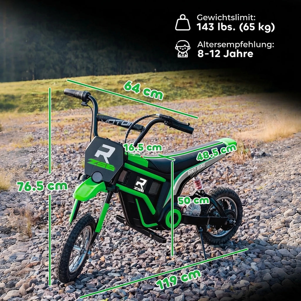 Vaikiškas elektrinis motociklas, 8–12 metų vaikams, iki 65 kg, žalias