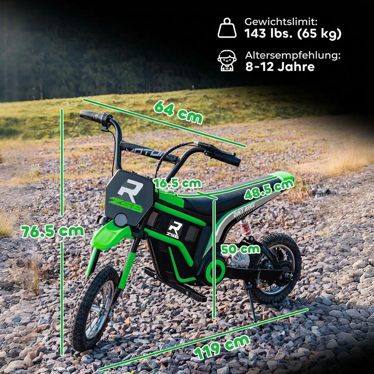 Vaikiškas elektrinis motociklas, 8–12 metų vaikams, iki 65 kg, žalias