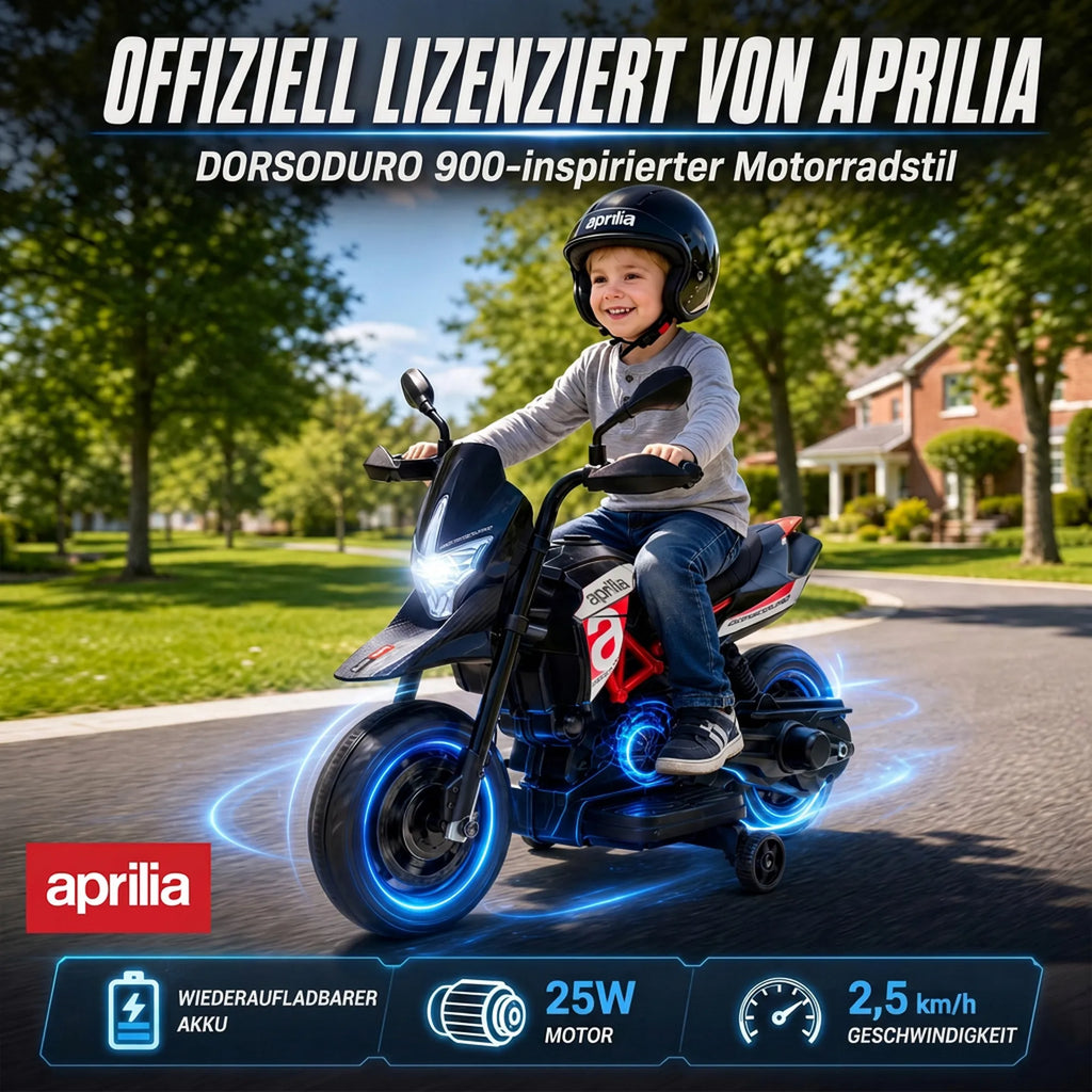 Juodu šalmu apsirengęs berniukas vairuoja Aprilia stiliaus elektrinį motociklą