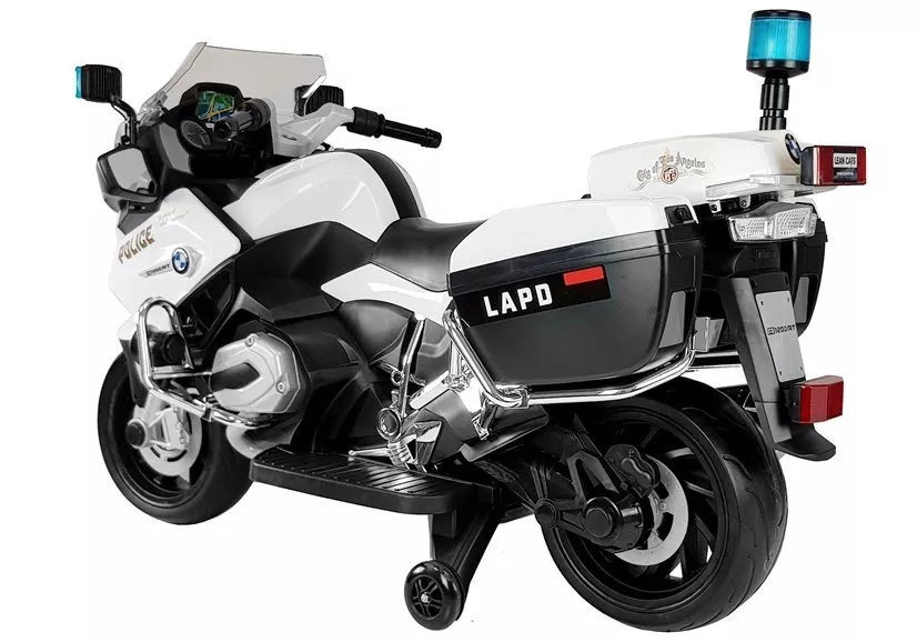 Vaikiško motociklo galinė dalis su šoniniu lagaminėliu ir švyturėliu