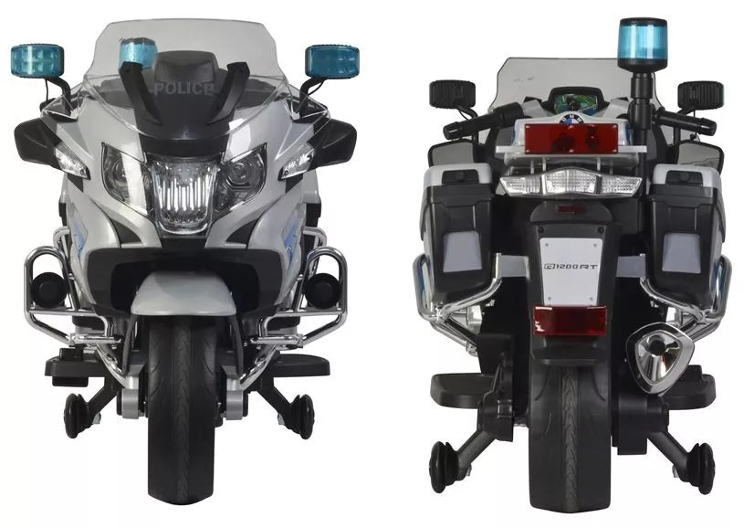 Vaikiško policijos motociklo priekinis ir galinis vaizdai greta