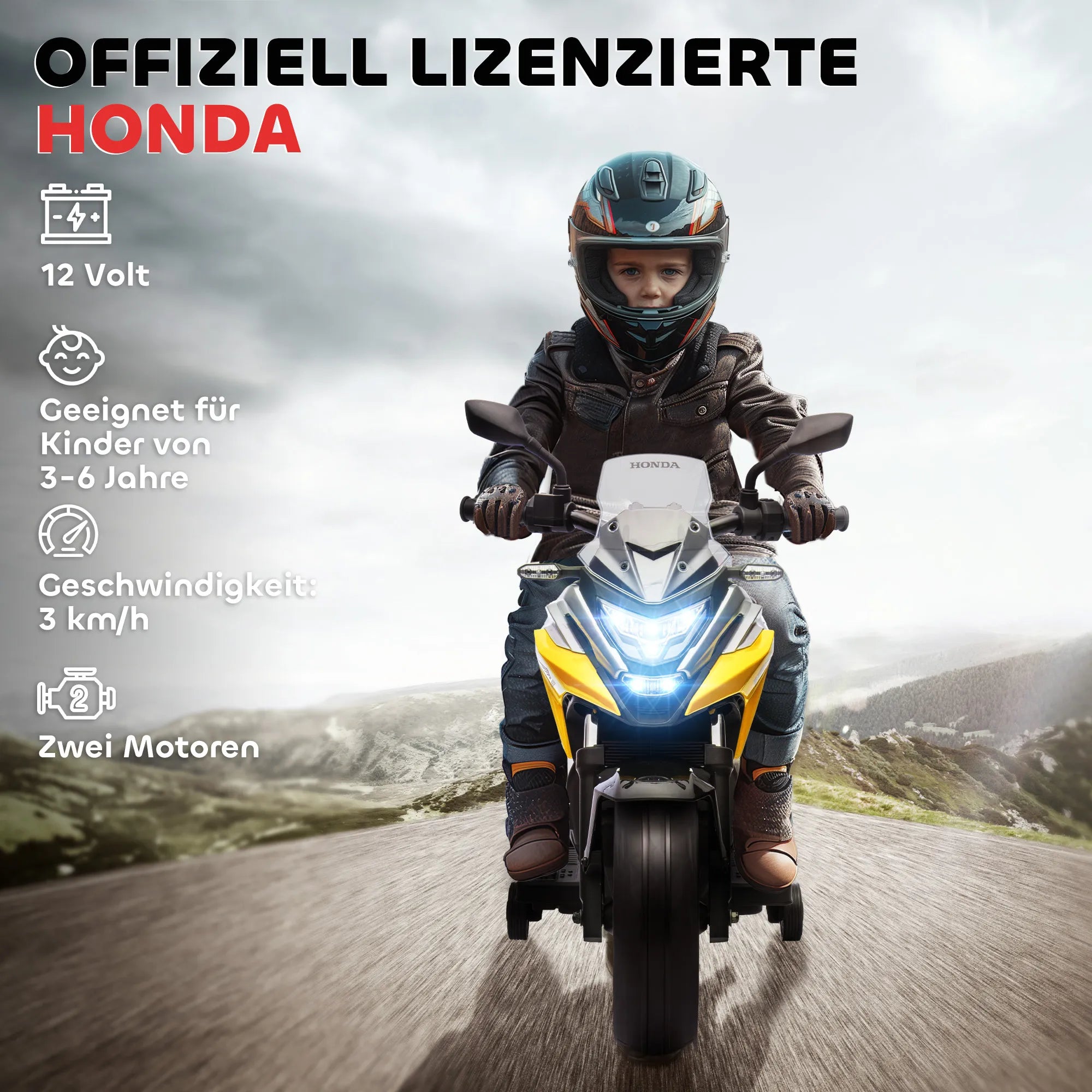 Vaikiškas elektrinis motociklas Honda, 3-6 metų vaikams, geltonas 3 km/h