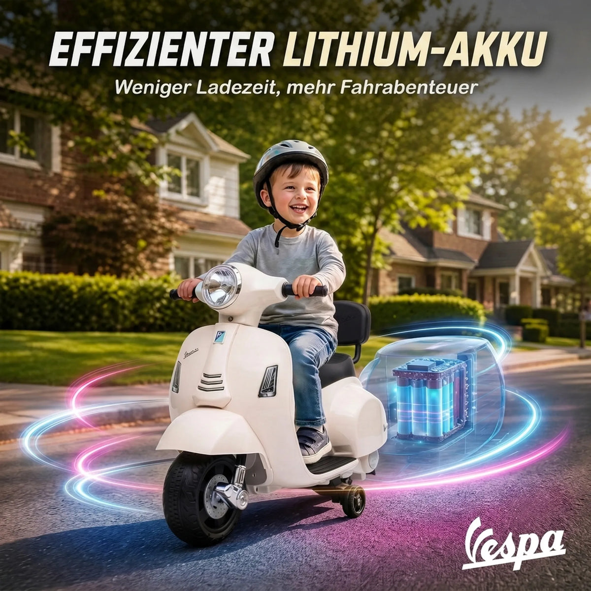 Berniukas su šalmu važiuoja motociklu gyvenamojo rajono gatve