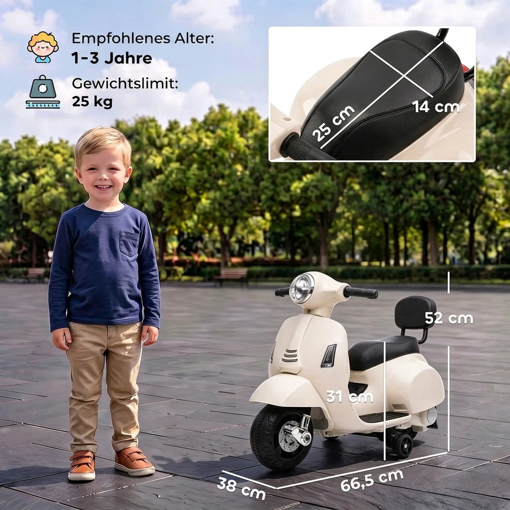 Vaikiškas elektrinis motociklas „Mini Vespa GTS“, 6 V, 2,5 km/h, baltas