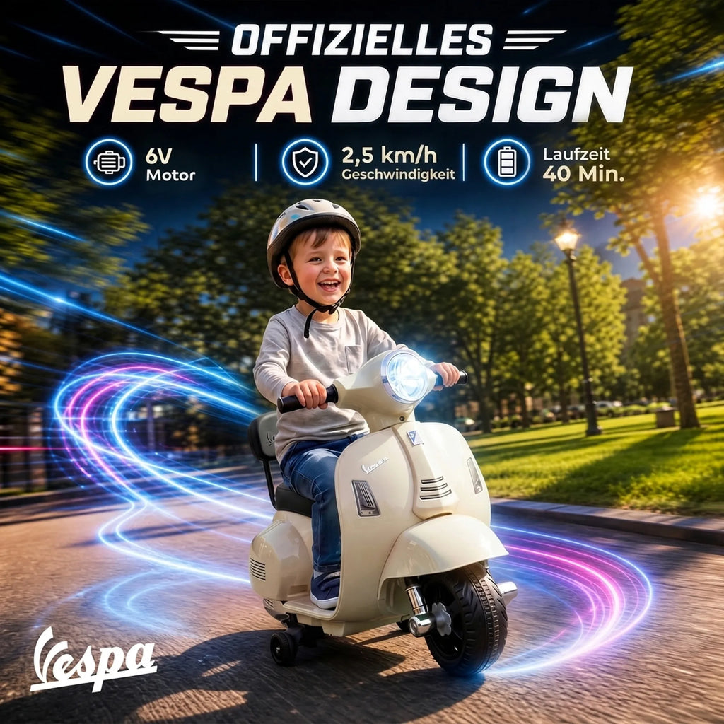 Berniukas su šalmu sėdi ant vaikiško Vespa stiliaus motociklo