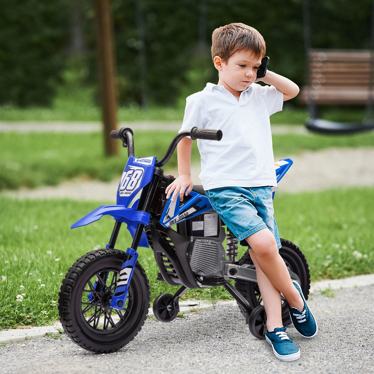 Vaikiškas elektrinis motociklas su pagalbiniais ratukais, 3–6 metų vaikams, mėlynas