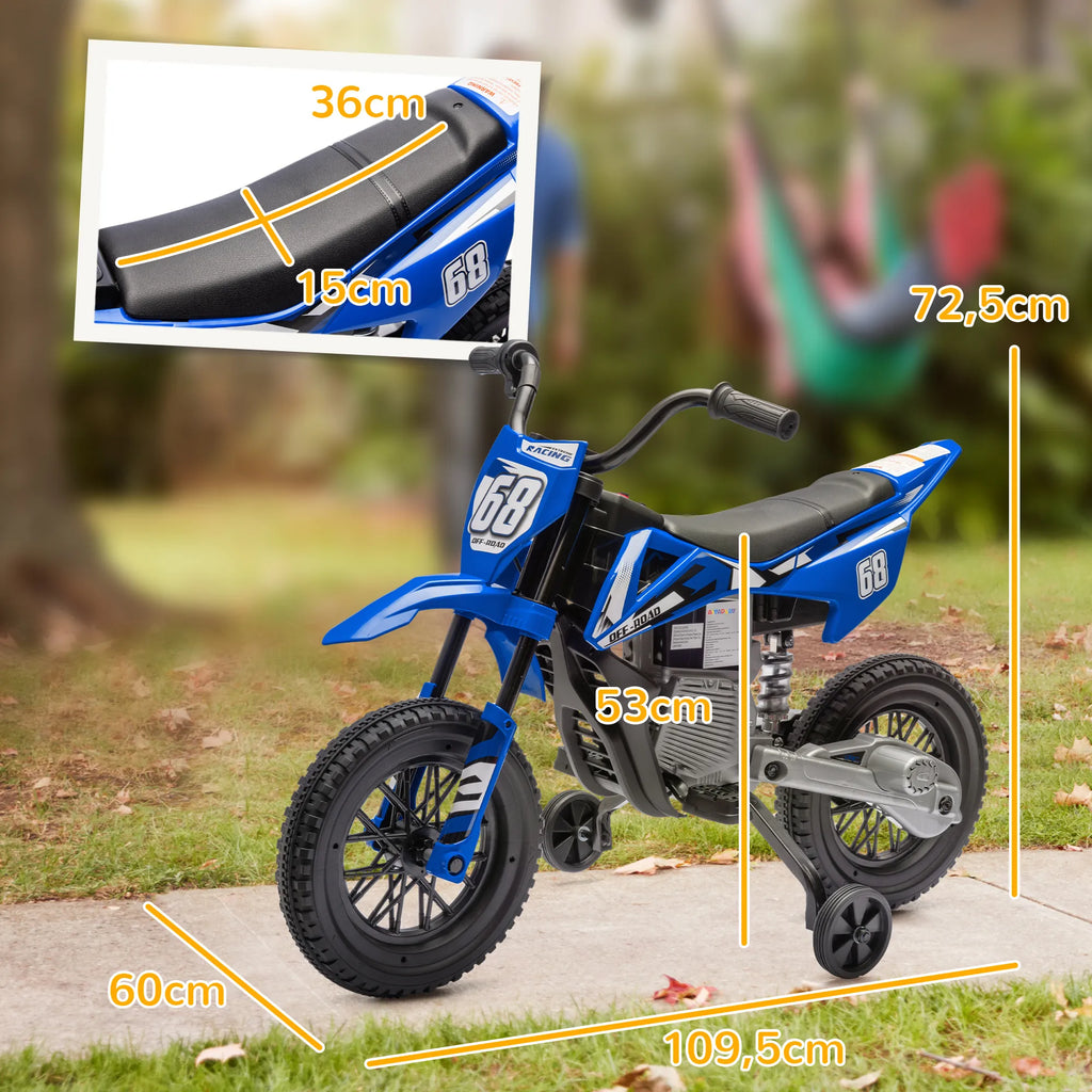 Vaikiškas elektrinis motociklas su pagalbiniais ratukais, 3–6 metų vaikams, mėlynas