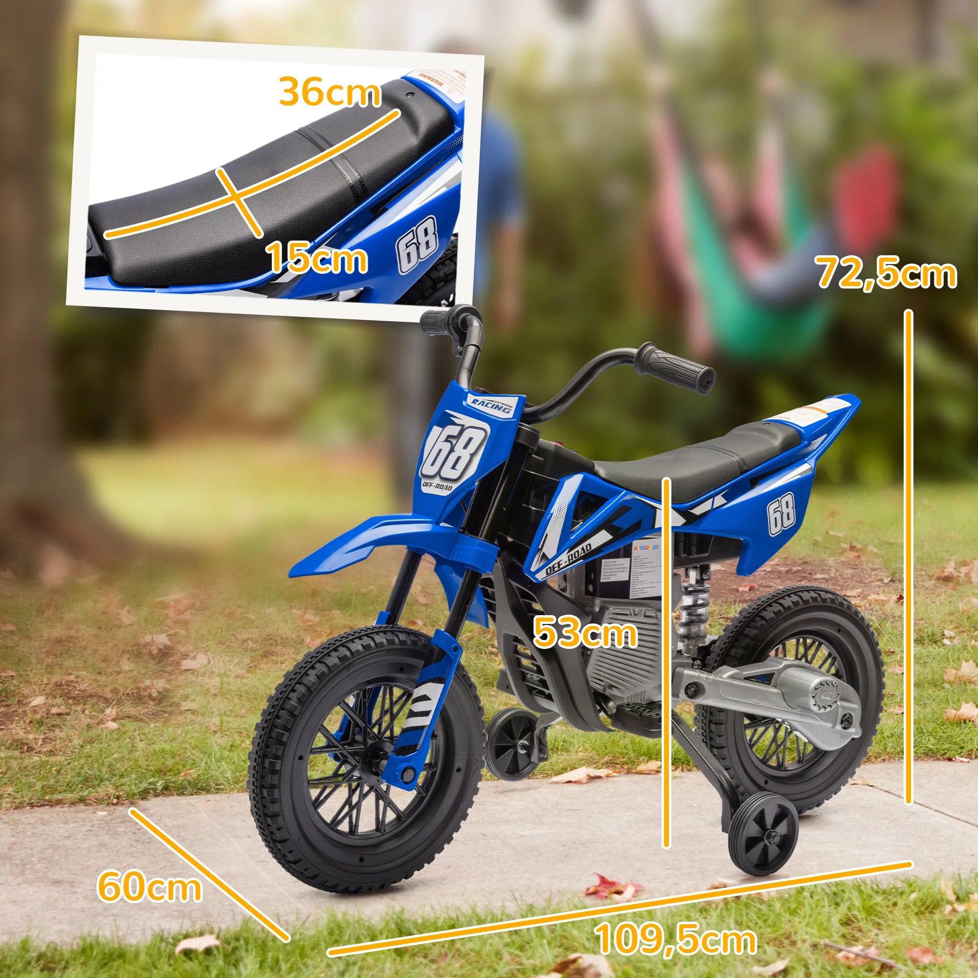 Vaikiškas elektrinis motociklas su pagalbiniais ratukais, 3–6 metų vaikams, mėlynas
