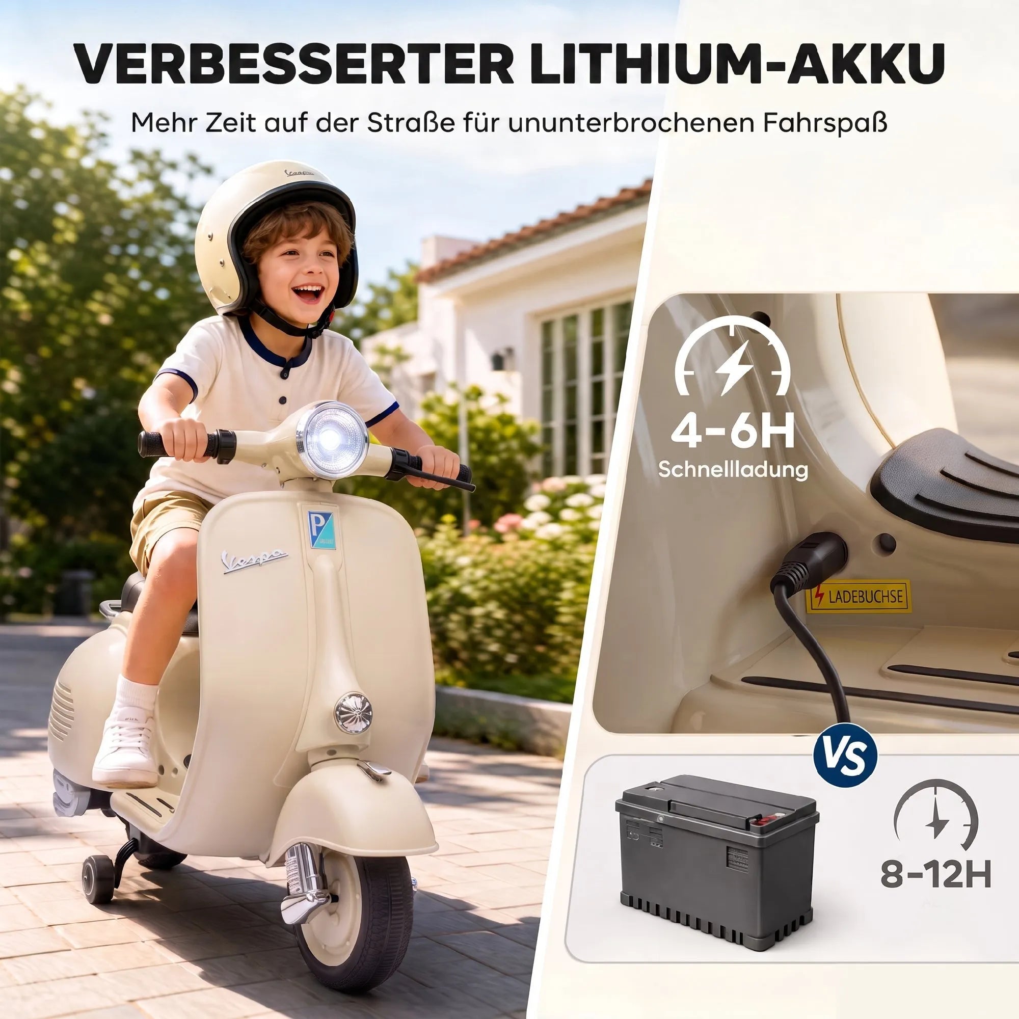Vaikiškas elektrinis motociklas su pagalbiniais ratukais, 6 V, baltas