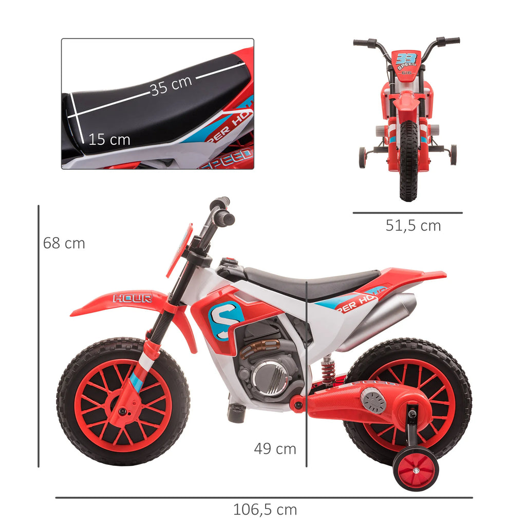 Vaikiškas elektrinis motociklas su pagalbiniais ratukais, raudonas, nuo 3 metų