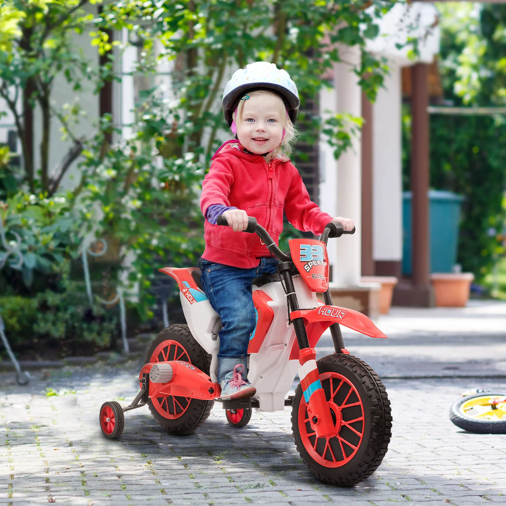 Vaikiškas elektrinis motociklas su pagalbiniais ratukais, raudonas, nuo 3 metų