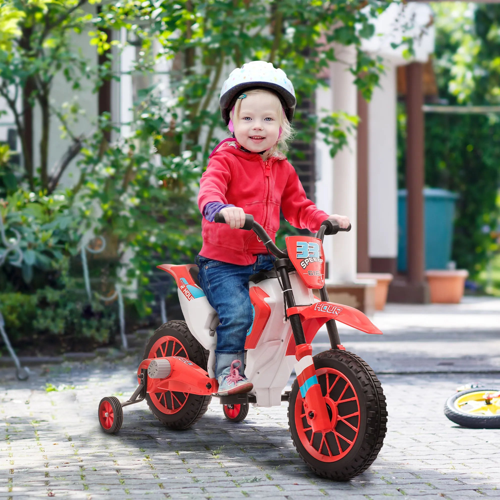 Vaikiškas elektrinis motociklas su pagalbiniais ratukais, raudonas, nuo 3 metų